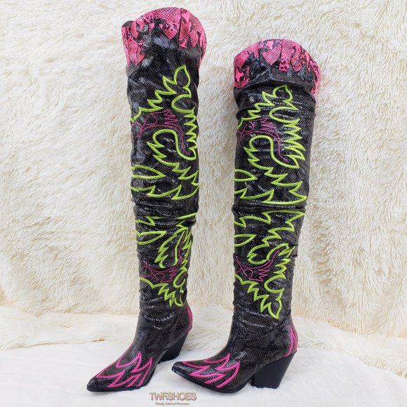 Thigh High Western cowboy slouch boots black neon - Picture 5 of 16